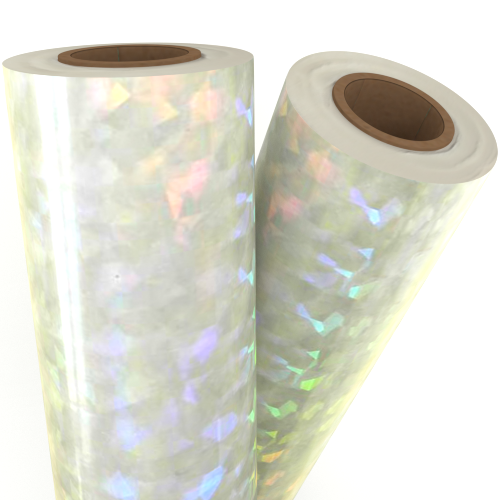 Two rolls of Cracked Ice Transparent Holographic Laminating / Toner Fusing Foil with an iridescent, textured finish reflecting colorful light patterns.