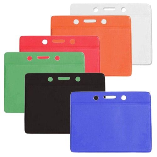 A collection of credit card size horizontal colored back badge holders in vibrant colors, including red, green, black, blue, and white, arranged in overlapping layers to showcase their design and variety.