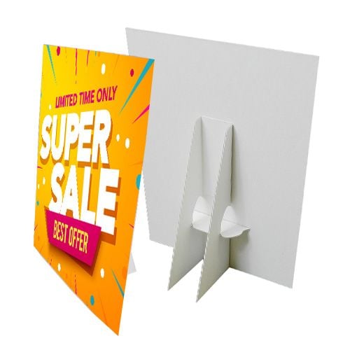 A vibrant promotional sign with a sturdy fold-out support stand, showcasing Custom Printed Easel Backs designed for displaying signage, posters, or marketing materials on flat surfaces.