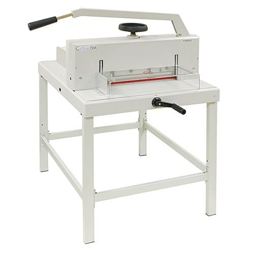 Formax Cut-True 15M 17" Manual Paper Cutter on a sturdy metal stand with a handle and safety shield for precision cutting.