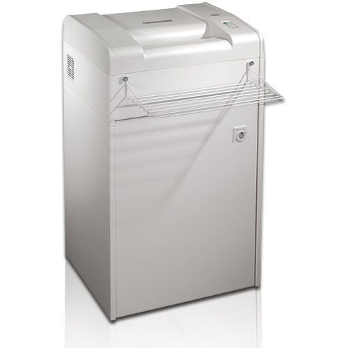 A white Dahle 20392 High Capacity Level P-5 Micro Cut Paper Shredder with a metal rack attachment, designed for efficient and secure document shredding.