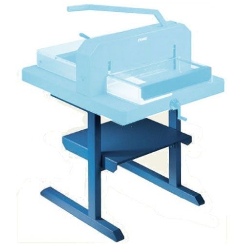 A blue Dahle 718 Stand designed to support the Model 848 Heavy Duty Stack Cutter, featuring a sturdy metal frame with a lower shelf for additional storage.