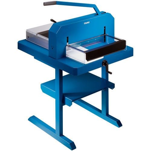 A Dahle 846 Heavy Duty 500 Sheet 17-Inch Stack Cutter in blue, mounted on a sturdy stand with a manual lever for cutting large stacks of paper.