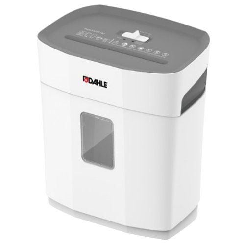 Dahle PaperSAFE PS 140 10-Sheet Level P-4 Deskside Shredder in white and gray, featuring a transparent window on the front and control buttons on the top.