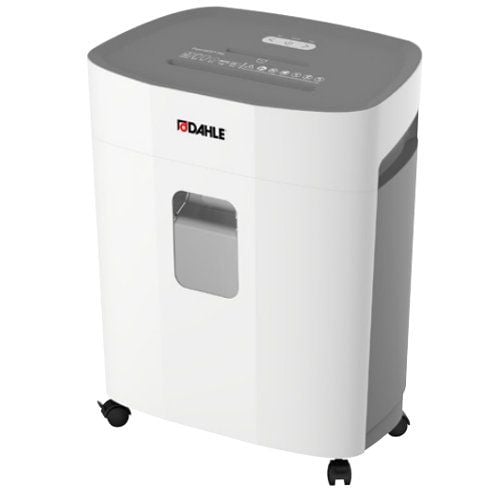 Dahle PaperSAFE PS 240 10-Sheet Level P-4 Deskside Shredder with a white and gray design, transparent window, and caster wheels for easy mobility.