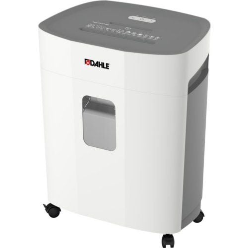 Dahle PaperSAFE PS 380 15-Sheet Level P-4 Deskside Shredder with a white and gray design, transparent window, and caster wheels for mobility.