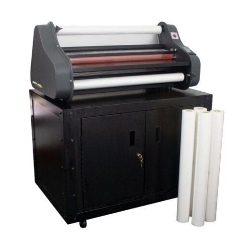 A Dry-Lam CL-27SD 27" Element Series Standard Roll Laminator Kit, featuring the laminator machine on a cabinet with rolls of laminating film beside it.