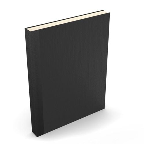 A plain black hardcover book with a sleek texture, titled "Fastback Easyback 8.5" x 11" Black Buckram Hardcovers," standing upright against a white background.