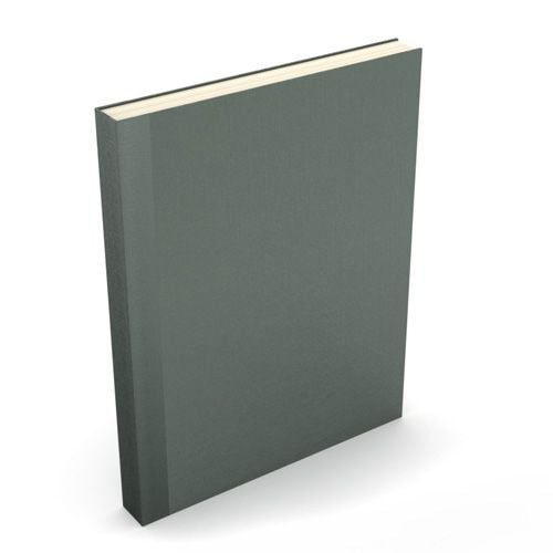 A plain dark gray buckram hardcover with a minimalist design, standing upright and measuring 8.5" x 11", labeled as a Fastback Easyback.