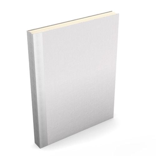 A plain, upright white hardcover book with a smooth surface and visible spine, resembling the "Fastback Easyback 8.5" x 11" White Buckram Hardcovers."
