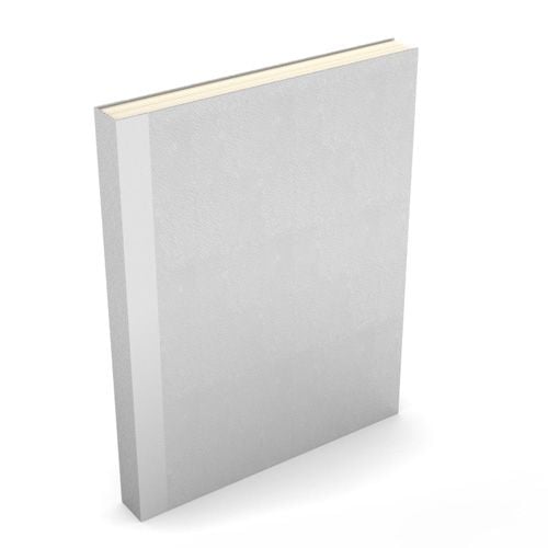 A plain white Fastback Easyback 8.5" x 11" White Composition Hardcover standing upright, showcasing its minimalistic design with a smooth cover and visible spine detail.