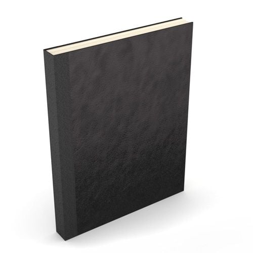 A black suede hardcover book standing upright with a plain textured surface, titled "Fastback Easyback 8.5" x 11" Black Suede Hardcovers".