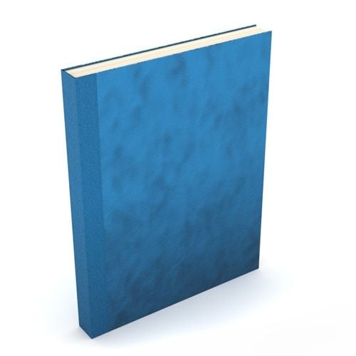 A standing Fastback Easyback 8.5" x 11" Bright Blue Suede Hardcover with a textured blue surface and visible white page edges, captured on a clean white background.