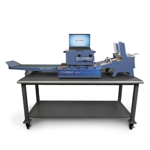 Full view of the Coverbind envPrinter® CBENVP1 Envelope Printer Performance Bundle on a workstation, showcasing its compact design and advanced printing capabilities.
