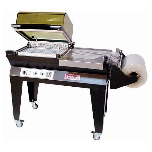 The Preferred Pack PP-48ST All-in-One Sealer/Shrink Chamber Machine features a compact design with a transparent chamber lid, control panel, and integrated film roll holder, mounted on a wheeled frame for mobility.
