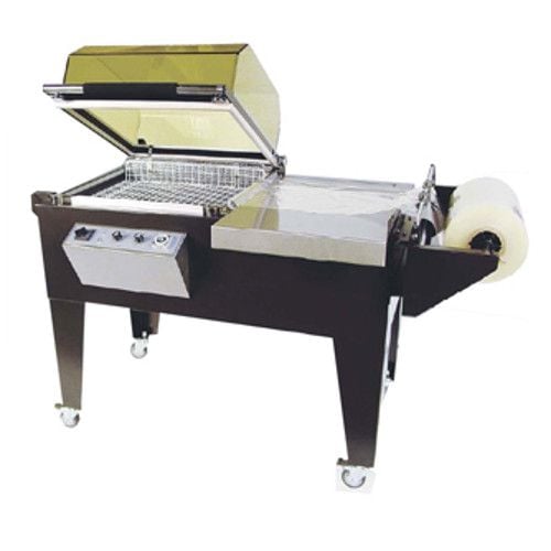 A Preferred Pack PP-76ST All-in-One Sealer/Shrink Chamber Machine with a yellow-tinted transparent lid, control panel, shrink wrap roll holder, and a compact design on caster wheels.