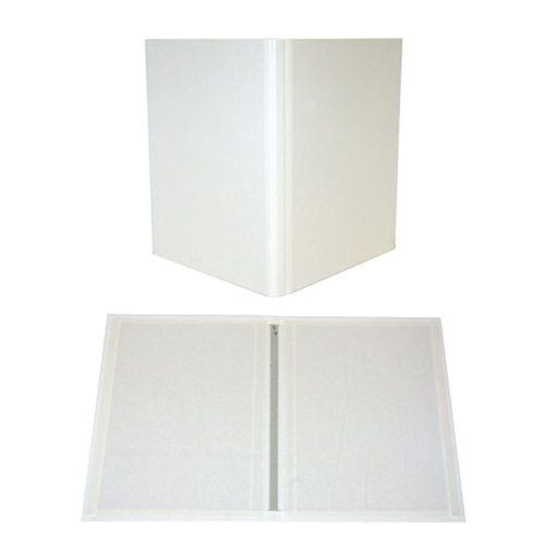 Fastback White 8.5" x 11" Composition Hard Covers shown in both a closed upright position and an open flat layout, highlighting their durable construction and smooth white finish.