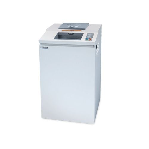 A white Formax OnSite FD 8704CC Cross-Cut Multimedia Office Shredder designed for efficient and secure shredding in office environments.