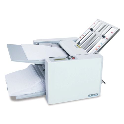 Formax FD 300 Desktop Paper Folder, a compact and efficient machine for automatically folding documents, shown with paper trays loaded and ready for use.