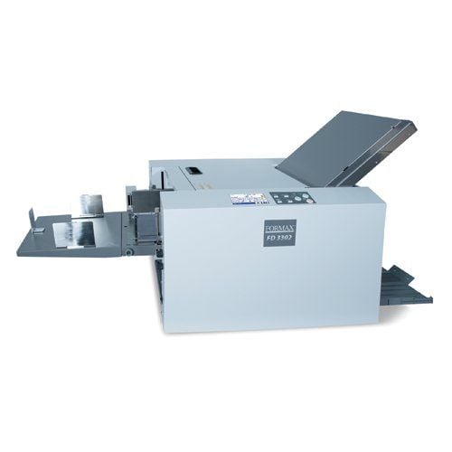 Side view of the Formax FD 3302 Air-Suction Document Folder with its input and output trays extended.