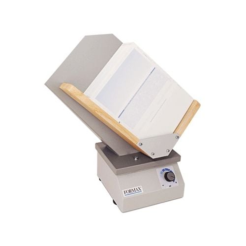 Formax FD402P1 Single Bin Paper Jogger with a slanted bin and adjustable wooden arms, designed to align and organize stacks of paper.