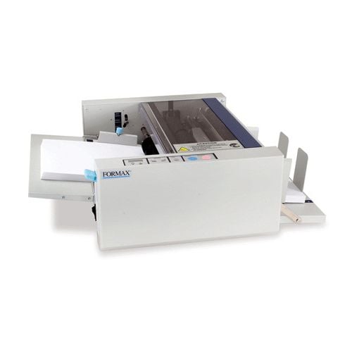 A Formax FD 4170 Cut Sheet Burster with an open paper feed tray and visible control panel, designed for separating continuous feed documents into individual sheets.