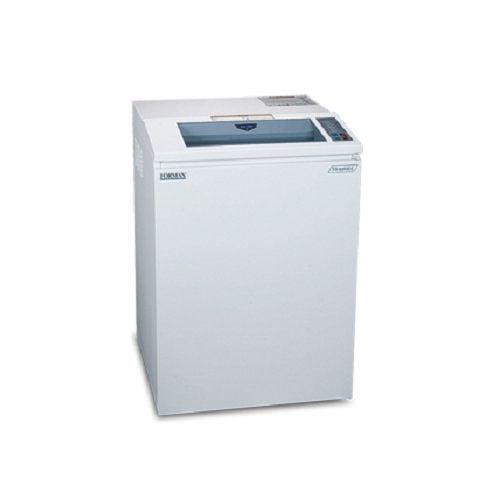 A white Formax OnSite FD 8502CC Cross-Cut Paper Shredder with a compact design and top-loading feed slot for secure document shredding.