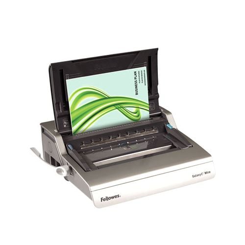 A Fellowes Galaxy E-Wire Electric Wire Binding Machine, displaying an open document ready to be bound with a modern, sleek design featuring a metal finish and clear cover sheet positioned for binding.