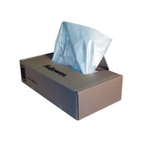 Box of Fellowes Powershred C-420 and C-480 Series Shredder Bags with one bag partially pulled out for easy access.