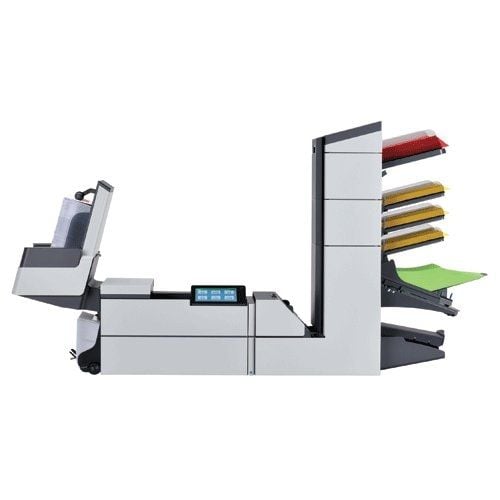Side view of the Formax 6406 Series Mid-Volume Inserter and Folder, showcasing its multiple feed trays and streamlined design for efficient document processing.