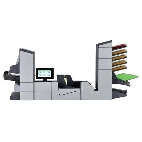 Side view of the Formax 6406 Series Mid-Volume Inserter and Folder, showcasing its advanced touchscreen interface and multiple output trays for efficient document processing.
