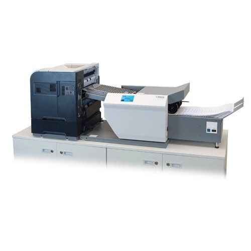 Formax AutoSeal FD 2006IL Print-Fold-Seal In-Line System Package with 18' Conveyor and 2 Cabinets, providing seamless document processing and organized storage for high-volume operations.
