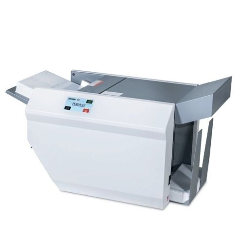 Formax FD 2036 Autoseal High-Volume Tabletop Pressure Sealer Package with Conveyor and Cabinet, offering efficient document sealing with added storage and output capacity.