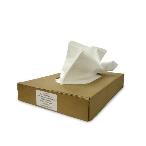 A cardboard box labeled "Formax Shredder Bags for FD 8300HS," with a single white bag protruding from the top opening.