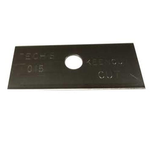 A close-up image of a Keencut Tech S .012 Blade with a central hole and engraved markings.