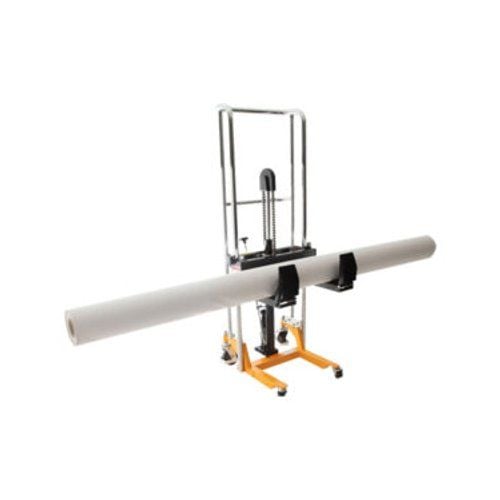 Foster On-A-Roll Lifter Compact-2 holding a large roll of material on a sturdy yellow and silver lifting frame.