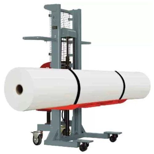 A Foster On-a-Roll Lifter Power Jumbo, a specialized tool designed for lifting and transporting large, heavy rolls of material.