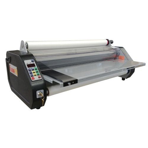 A FuseFX Digital Deluxe 27" Office Roll Laminator featuring a sleek design with a control panel and large rollers for high-quality lamination tasks.