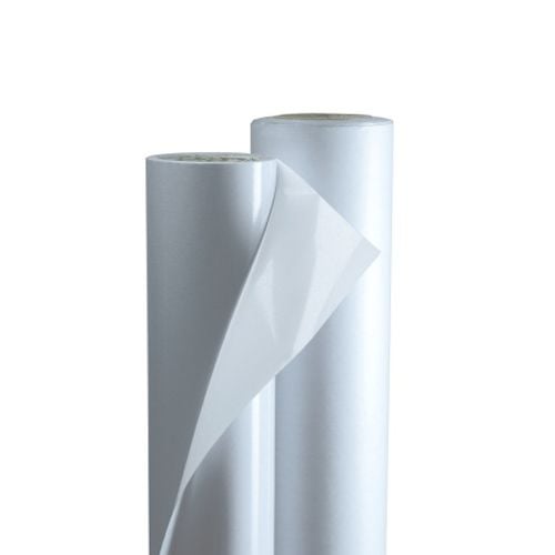 Two rolls of GBC Arctic Dura Mount (3" Core) adhesive film shown standing vertically with one sheet partially peeled off.