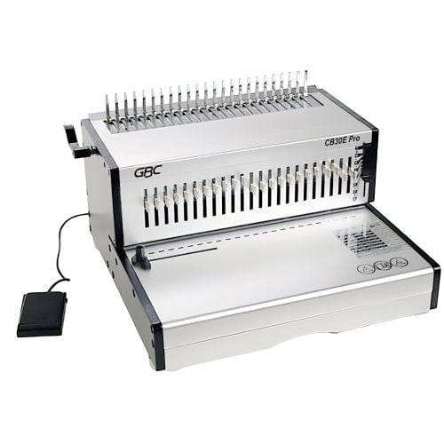 The GBC® CB30E PRO CombBind® Electric Punch & Bind Machine with foot pedal control, vertical punch throat, and top-mounted binding comb opener for streamlined document finishing.