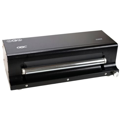 A GBC® Ci500E Electric Coil Inserter, a sleek black machine with a large silver roller.