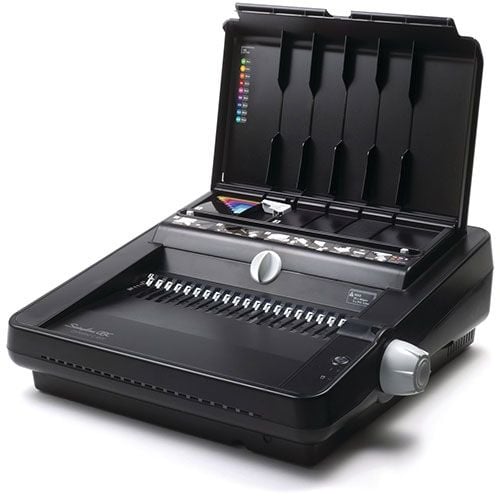 A GBC / Swingline CombBind C450E Electric Comb Binding Machine with an open lid, showing the binding combs and control panel.