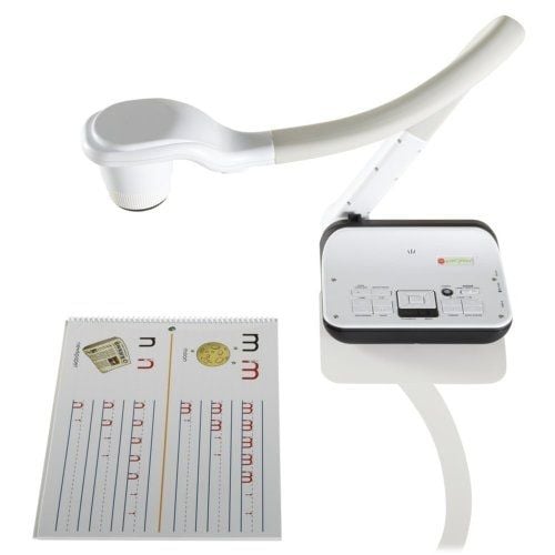 The GBC Discovery 3000 Document Camera alongside a workbook, showcasing its use for capturing and displaying educational materials.