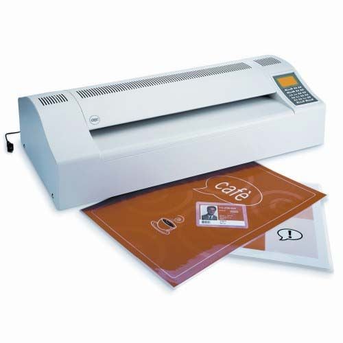 A GBC HeatSeal H700pro Pouch Laminator in use, sealing an ID card and café-themed graphic in a clear plastic pouch.