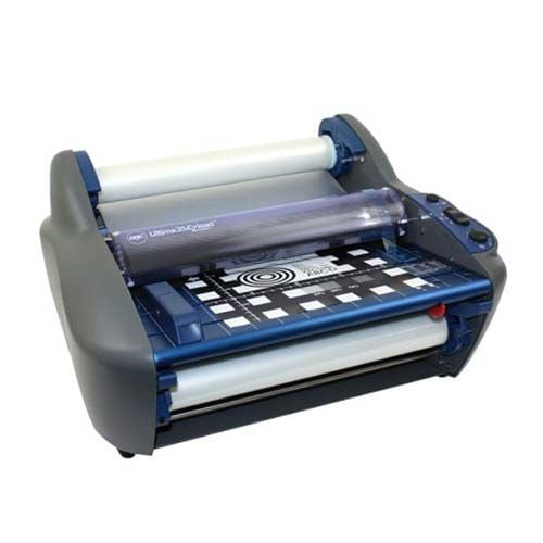 A GBC HeatSeal Ultima 35 EzLoad 12" Roll Laminator, showing its compact design with rollers and control buttons for easy lamination tasks.