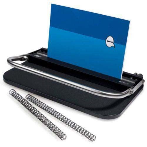 GBC MC12 12 Manual Twin Loop Wire Closer device with a blue document inserted, showing its wire-binding mechanism, with two metal binding coils placed in front of the machine.