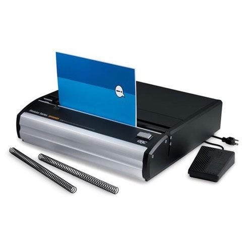 A GBC MP2000C4 Modular Series 4:1 Fixed Die Coil Binding Punch with binding coils and a foot pedal accessory.