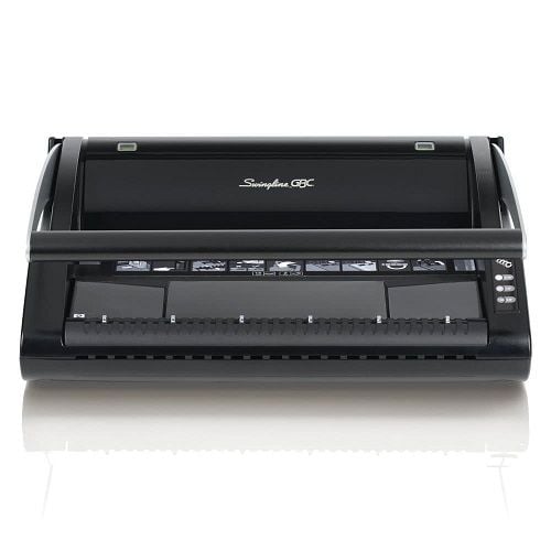Front view of the GBC / Swingline P110 Manual Proclick Binding Machine, showcasing its sleek black design and control panel.