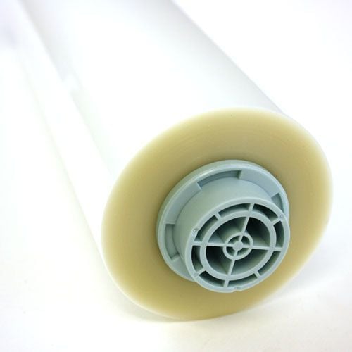 Close-up view of a roll of GBC Pinnacle 27 EZLoad Laminating Film, showing the specially designed end cap for easy loading.