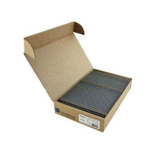 An open box displaying a stack of GBC Premium Silver 3:1 Twin Loop Wire binding spines.